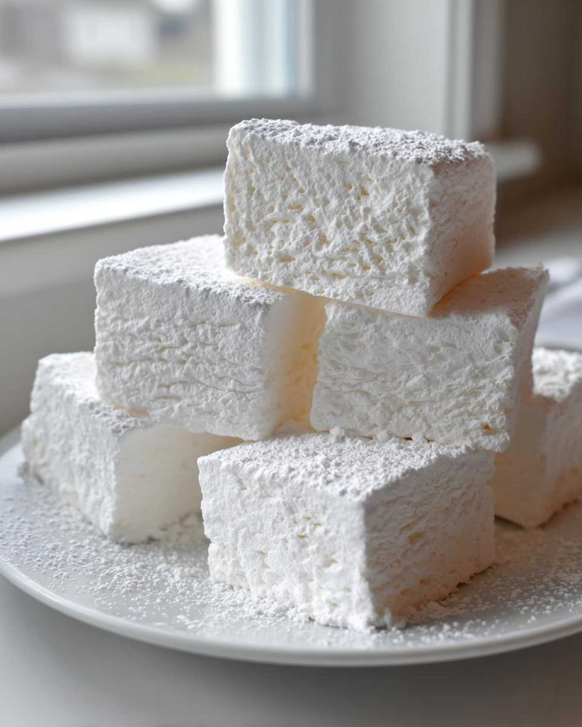 A stack of large, square homemade marshmallows dusted heavily with powdered sugar on a white plate.