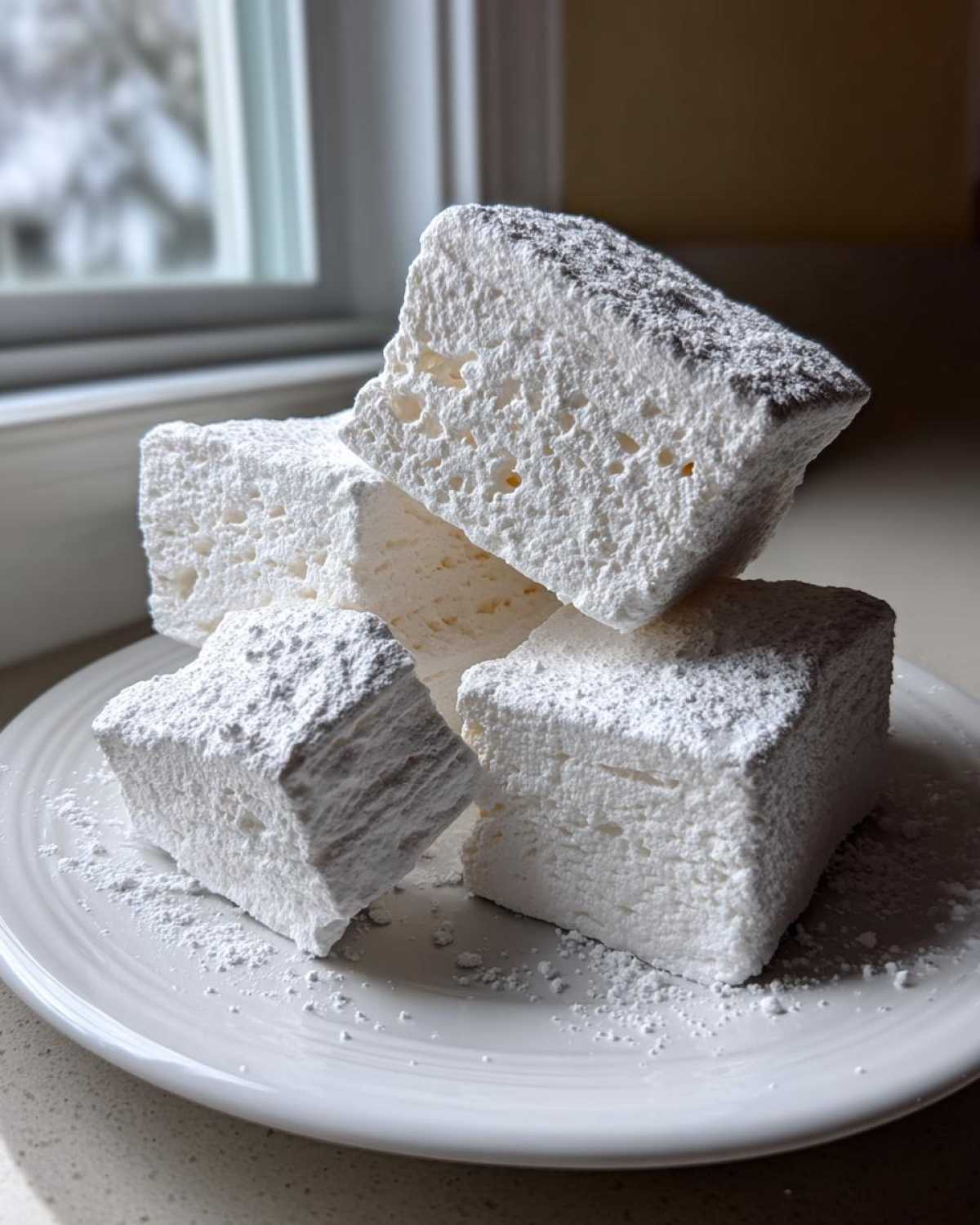 Close-up stack of four large, fluffy homemade marshmallows dusted heavily with powdered sugar on a white plate.
