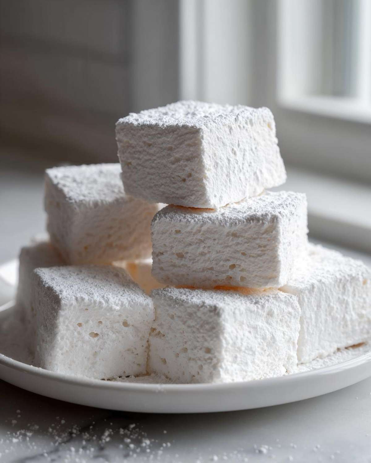 A close-up stack of fluffy, square homemade marshmallows generously dusted with white powdered sugar on a white plate.
