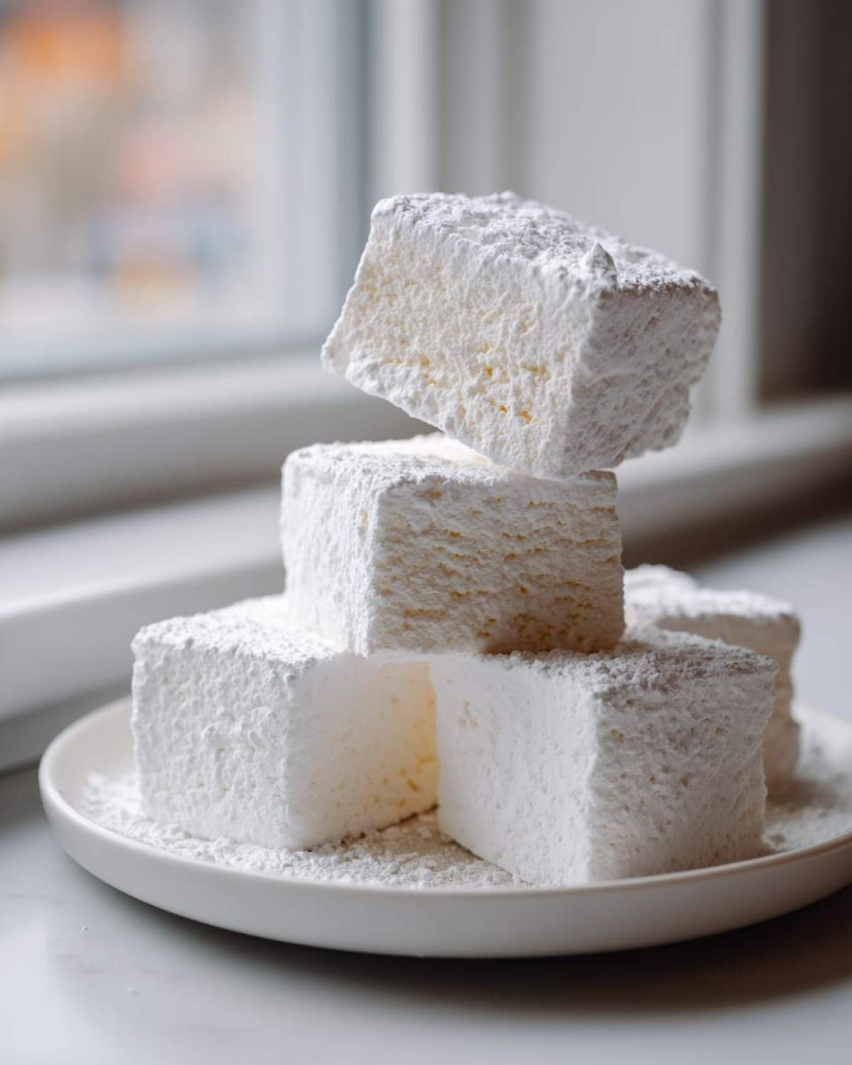 A stack of thick, square homemade marshmallows heavily dusted with powdered sugar resting on a white plate.