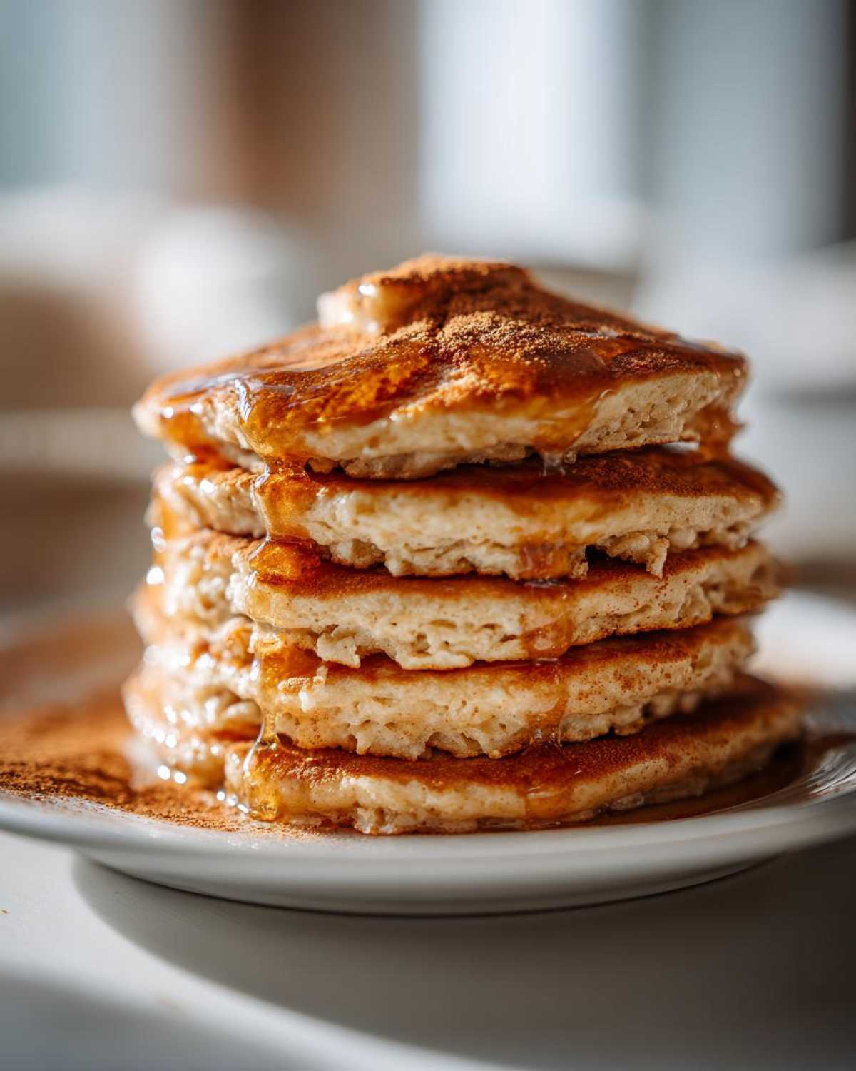 A tall stack of fluffy oatmeal pancakes drizzled with syrup and dusted with cinnamon on a white plate.