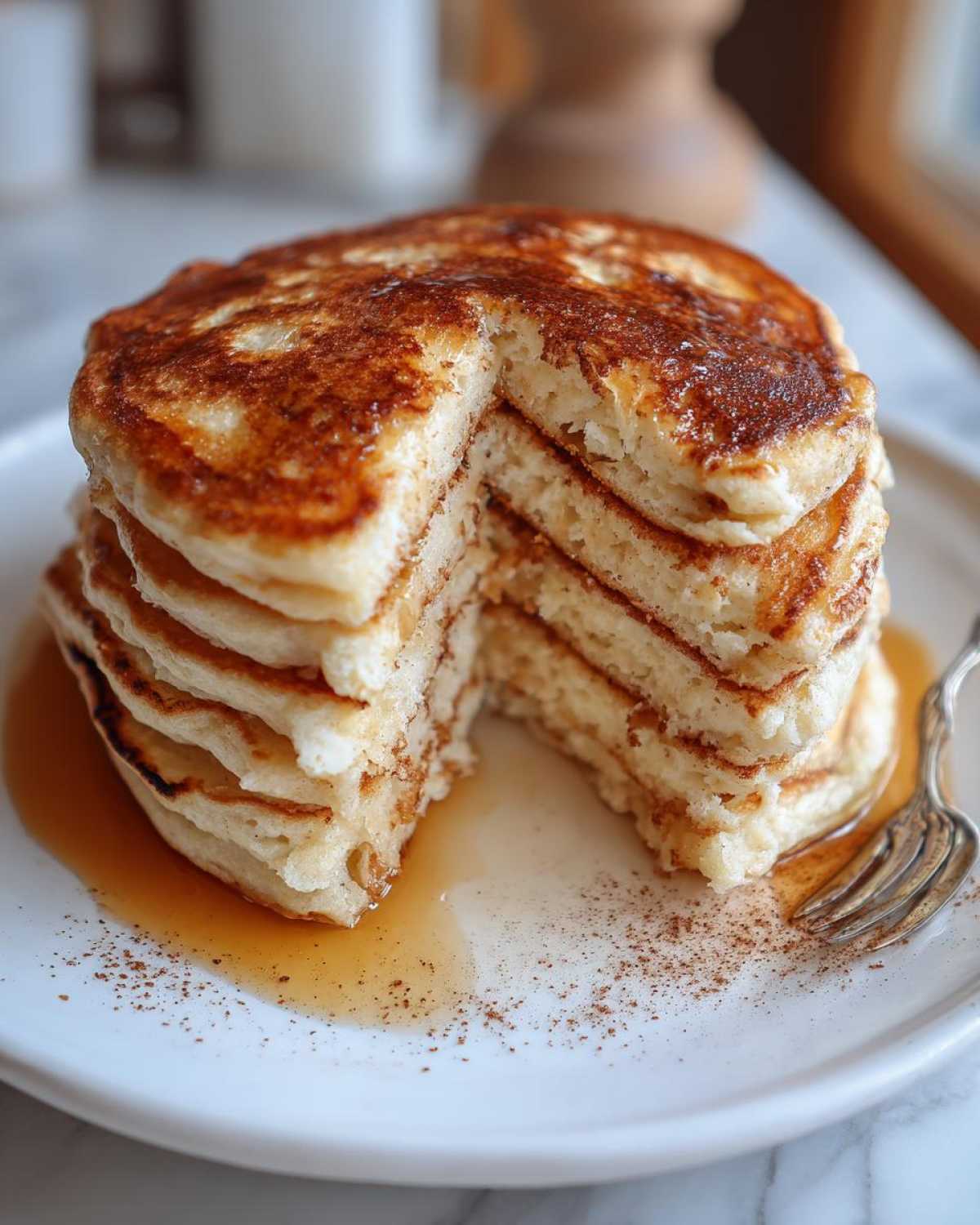 A tall stack of fluffy oatmeal pancakes with a slice cut out, drizzled with syrup and sprinkled with cinnamon.