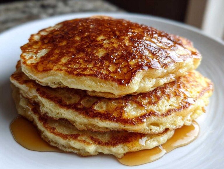 Amazing 3-Step Fluffy Oatmeal Pancakes A close-up of a tall stack of fluffy oatmeal pancakes drizzled generously with golden syrup.
