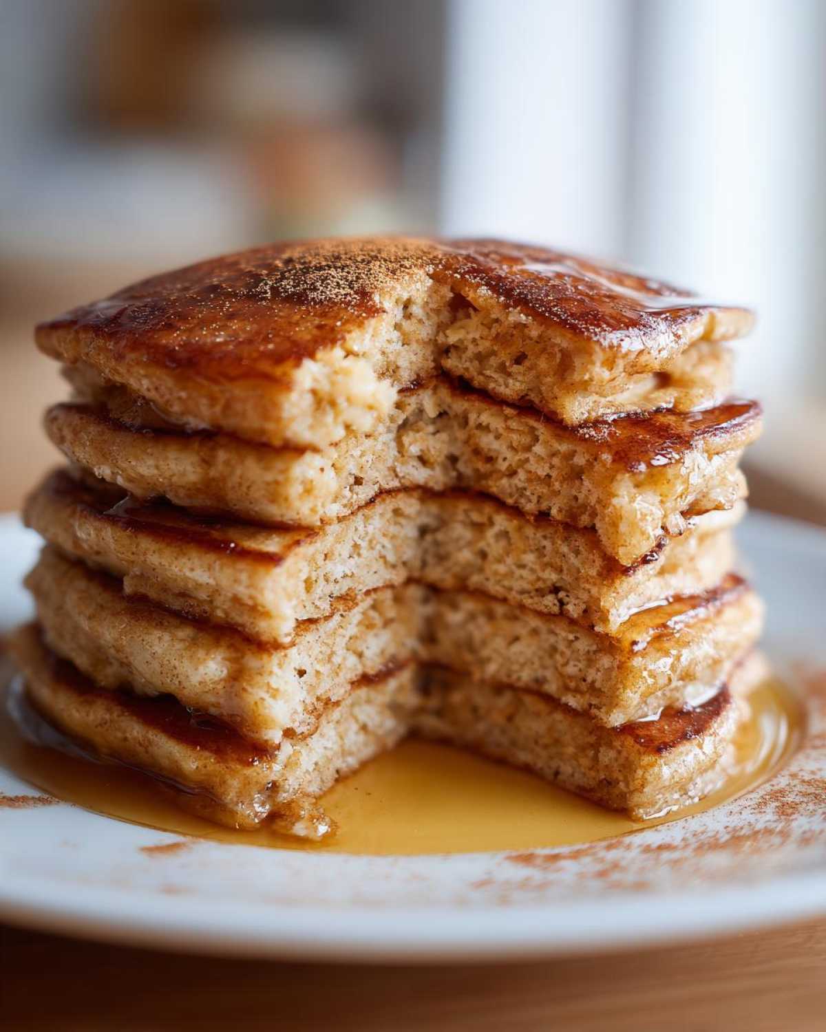 Close-up of a tall stack of fluffy oatmeal pancakes, cut to show the texture, drizzled with syrup and sprinkled with cinnamon.