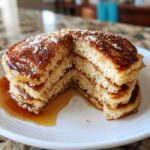 A close-up of a fluffy stack of oatmeal pancakes cut in half, showing the texture and drizzled with syrup.