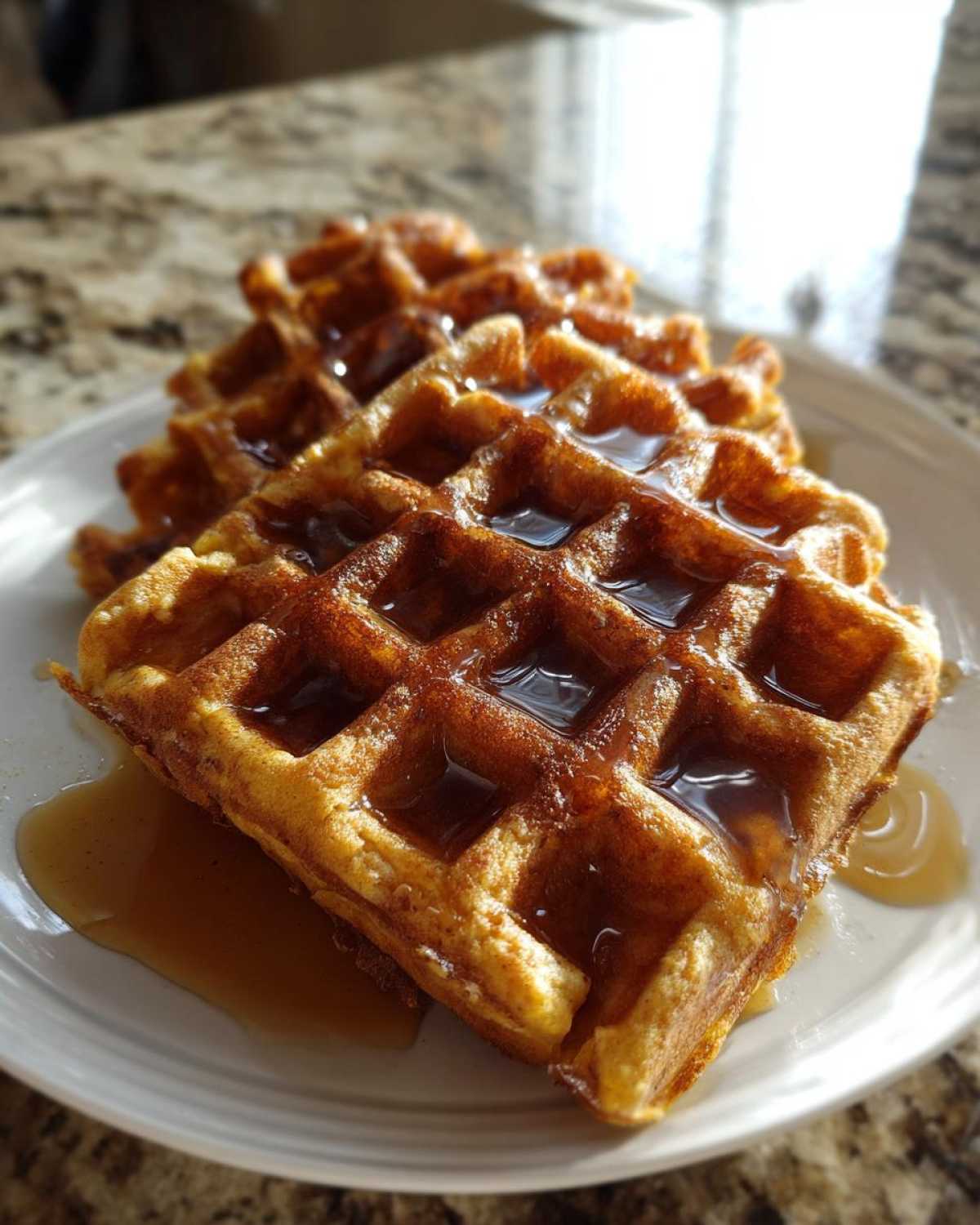 Close-up of fluffy pumpkin waffles stacked on a white plate, generously drizzled with maple syrup.
