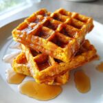 A close-up of a stack of three golden-brown pumpkin waffles generously drizzled with maple syrup.