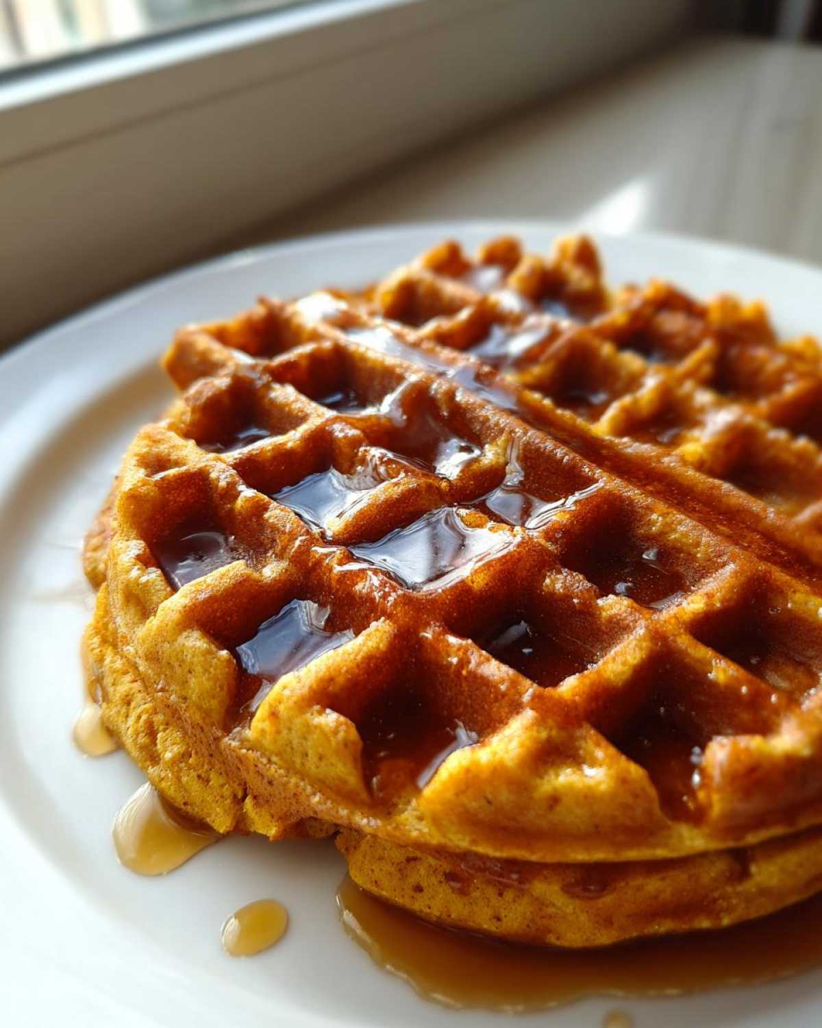 Close-up of fluffy, golden-orange pumpkin waffles stacked and generously drizzled with maple syrup.