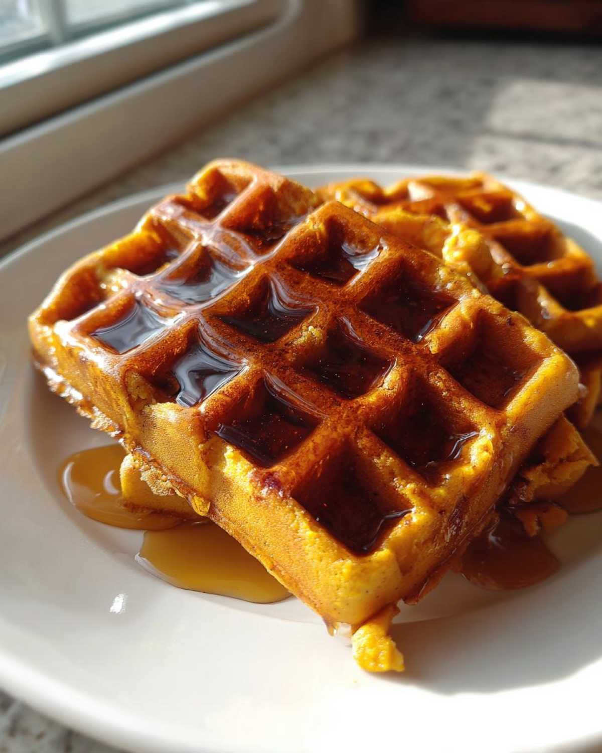 Close-up of fluffy pumpkin waffles stacked and generously drizzled with dark syrup.