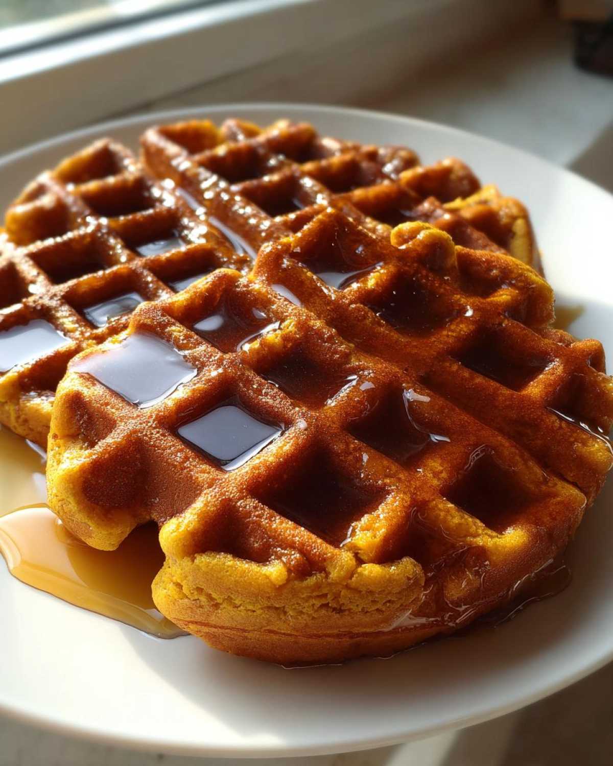 Two golden brown pumpkin waffles covered in glossy maple syrup, sitting on a white plate.