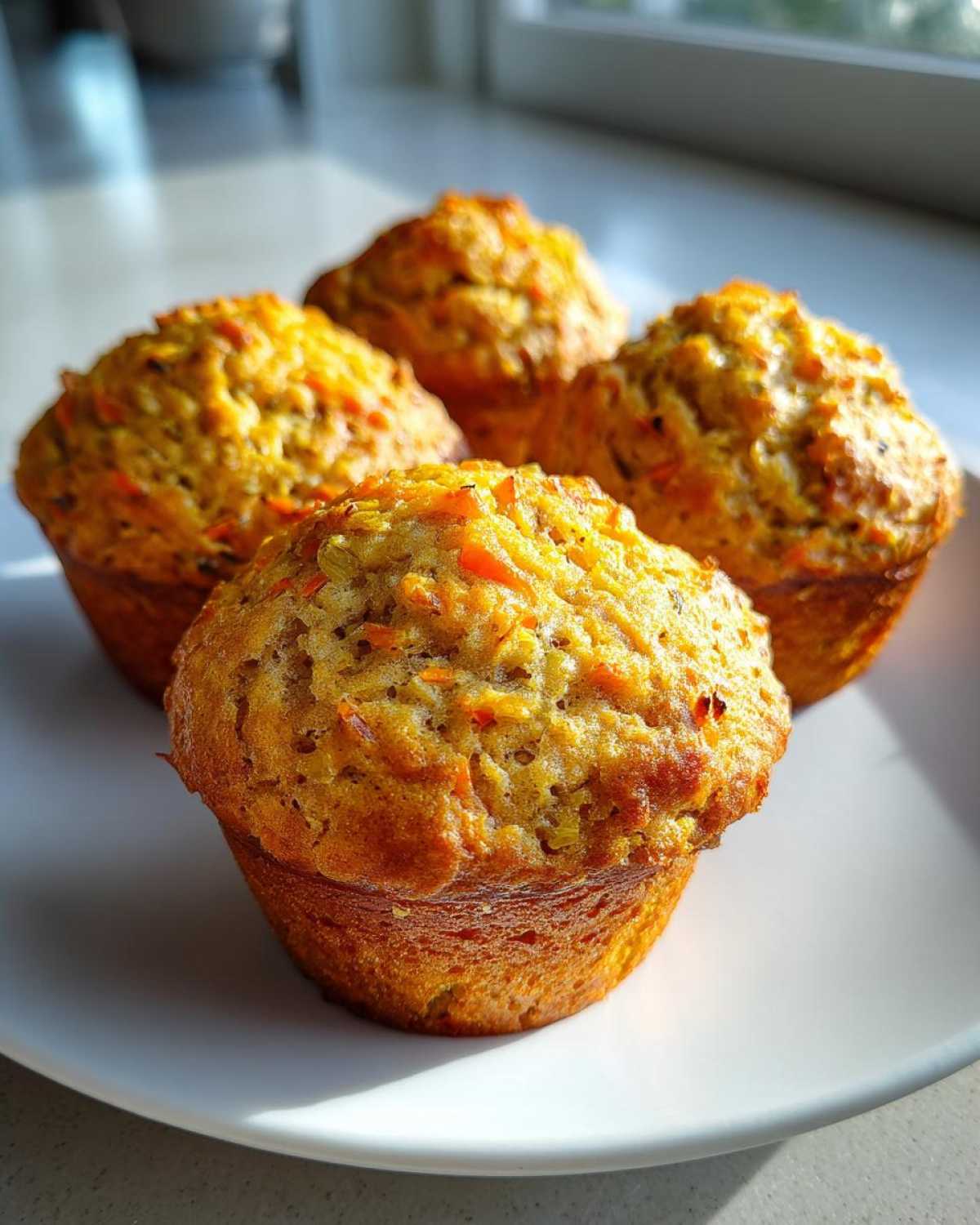 Four freshly baked morning glory muffins with visible shredded carrots, sitting on a white plate in bright sunlight.