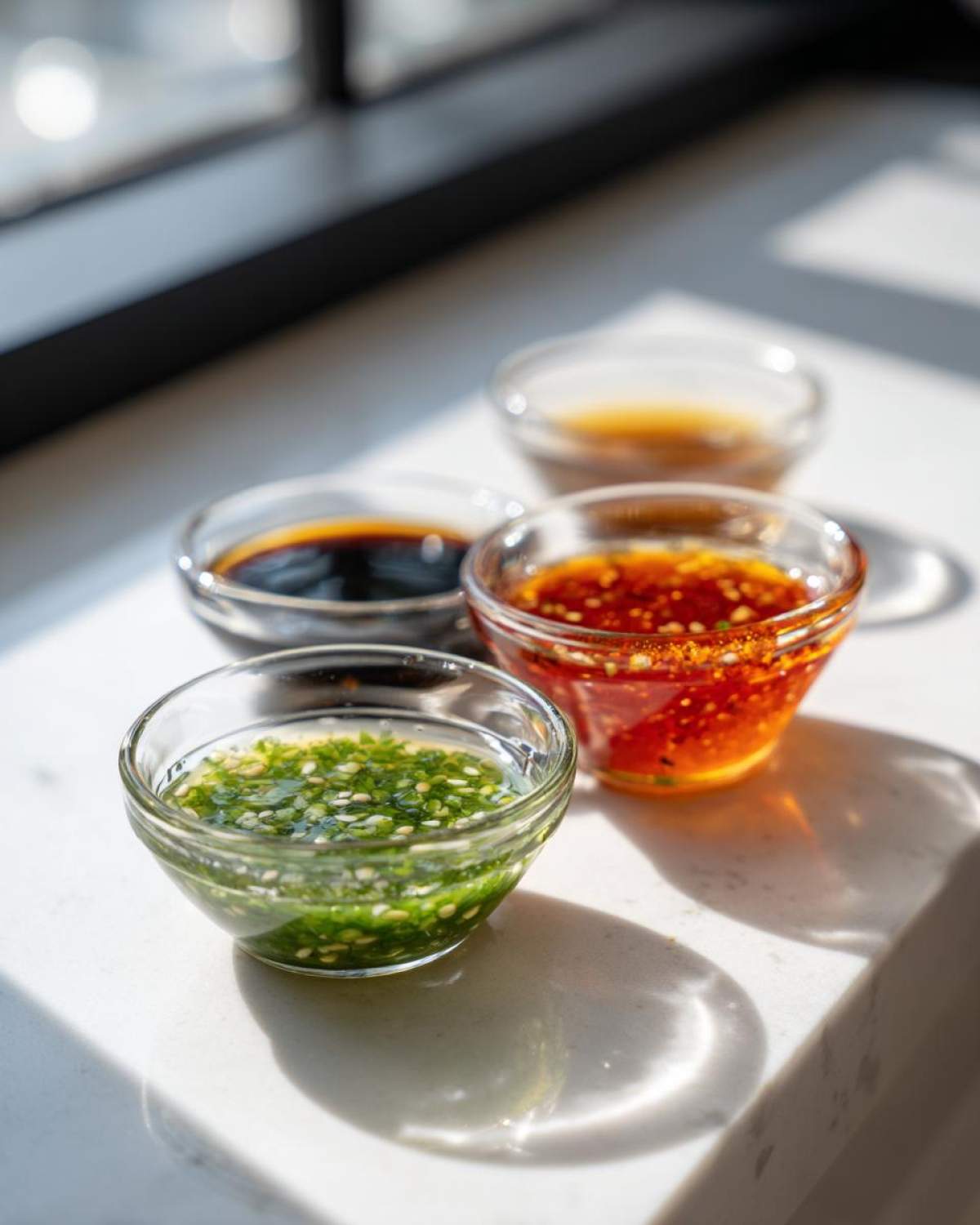 Four small glass bowls containing different types of Dumpling Sauce, including a green chili sauce and a red chili oil sauce.