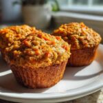 Three golden brown morning glory muffins topped with visible shredded carrots sitting on a white plate.