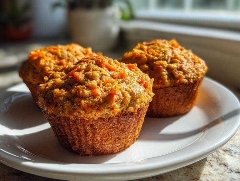 Three golden brown morning glory muffins topped with visible shredded carrots sitting on a white plate.