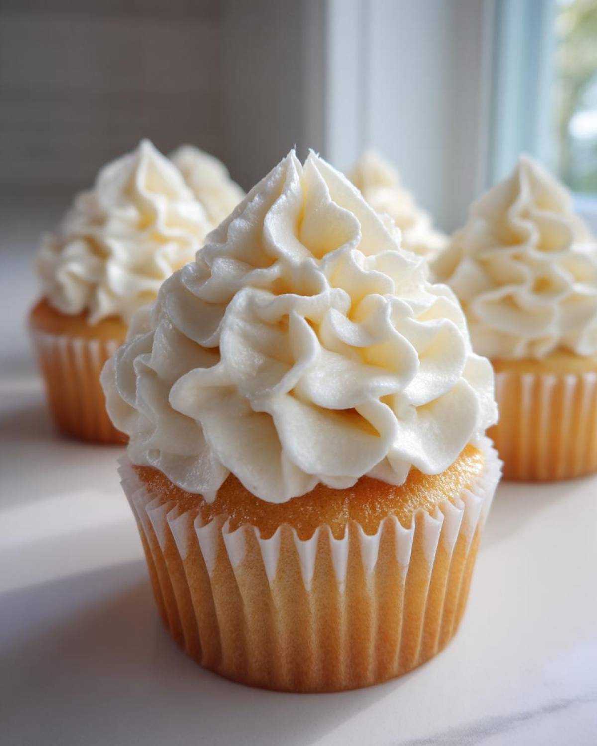 A close-up of a perfectly frosted, homemade vanilla cupcakes with creamy white buttercream.