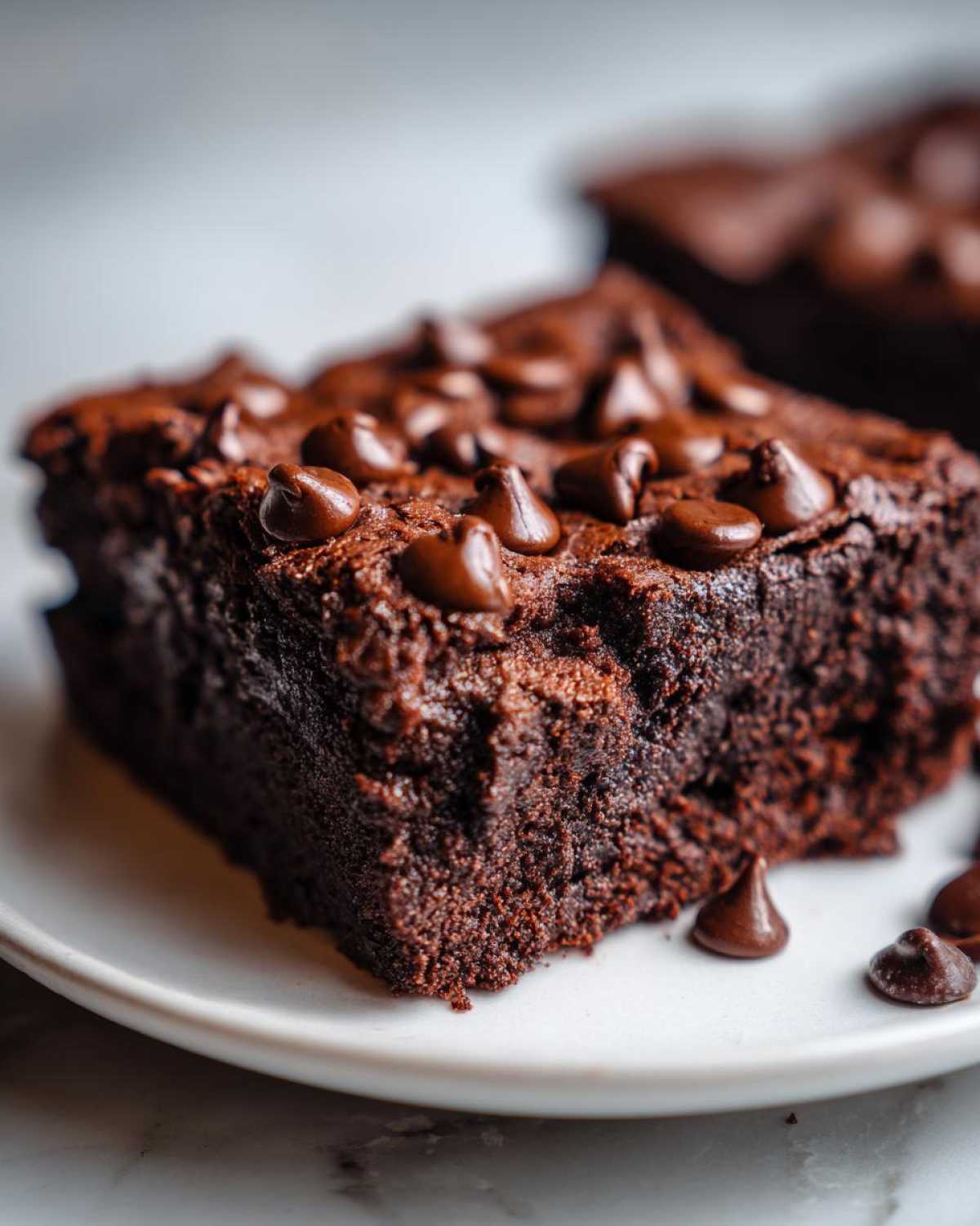 Close-up of a fudgy, rich square of black bean brownies topped with melted chocolate chips on a white plate.