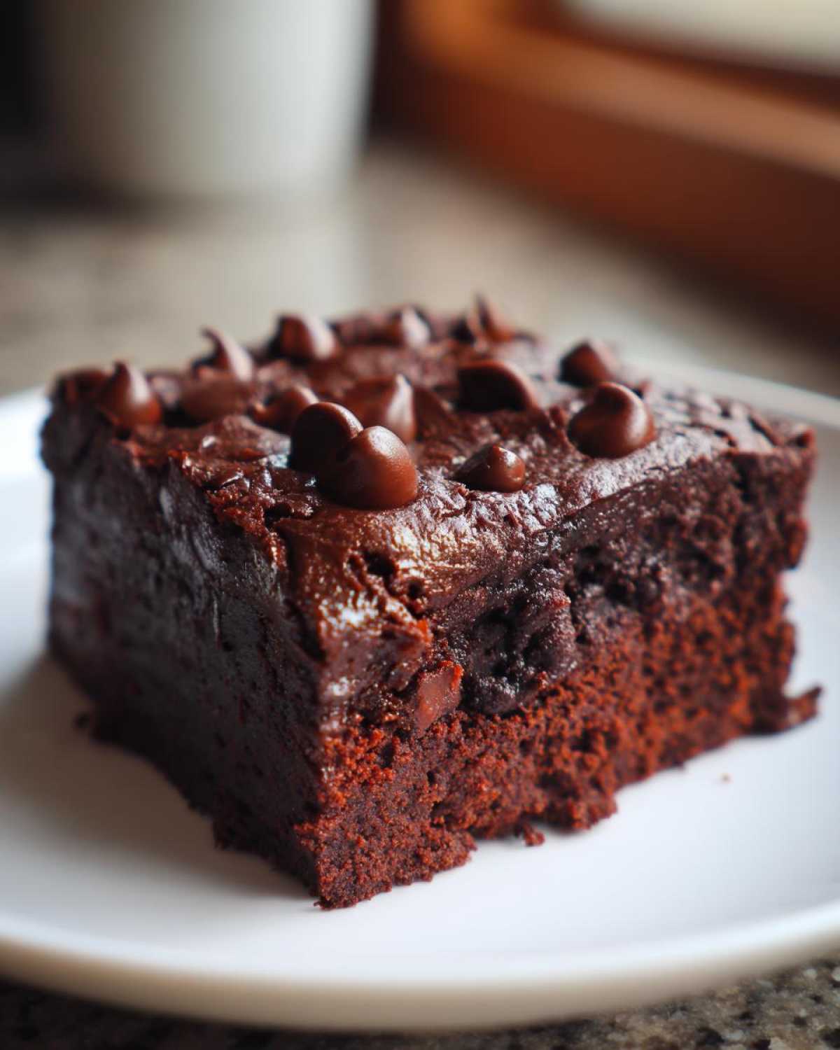 Close-up of a fudgy slice of black bean brownies topped with melted chocolate chips on a white plate.