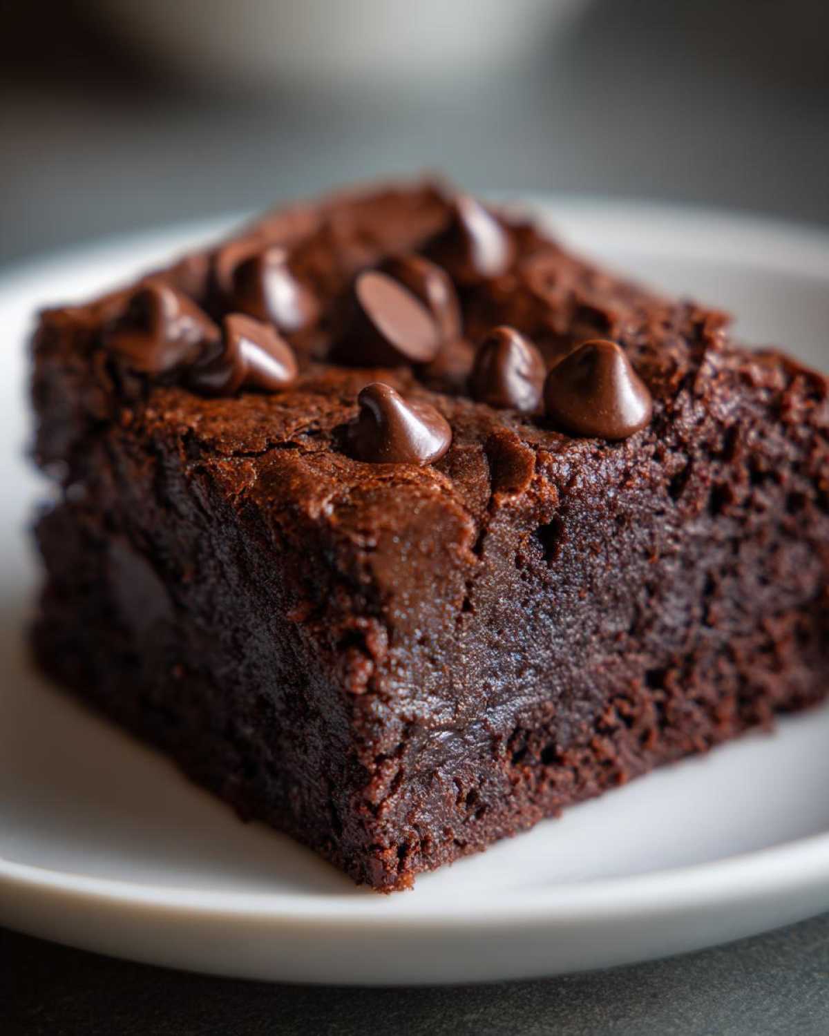 Close-up of a fudgy square of black bean brownies topped with melted chocolate chips on a white plate.