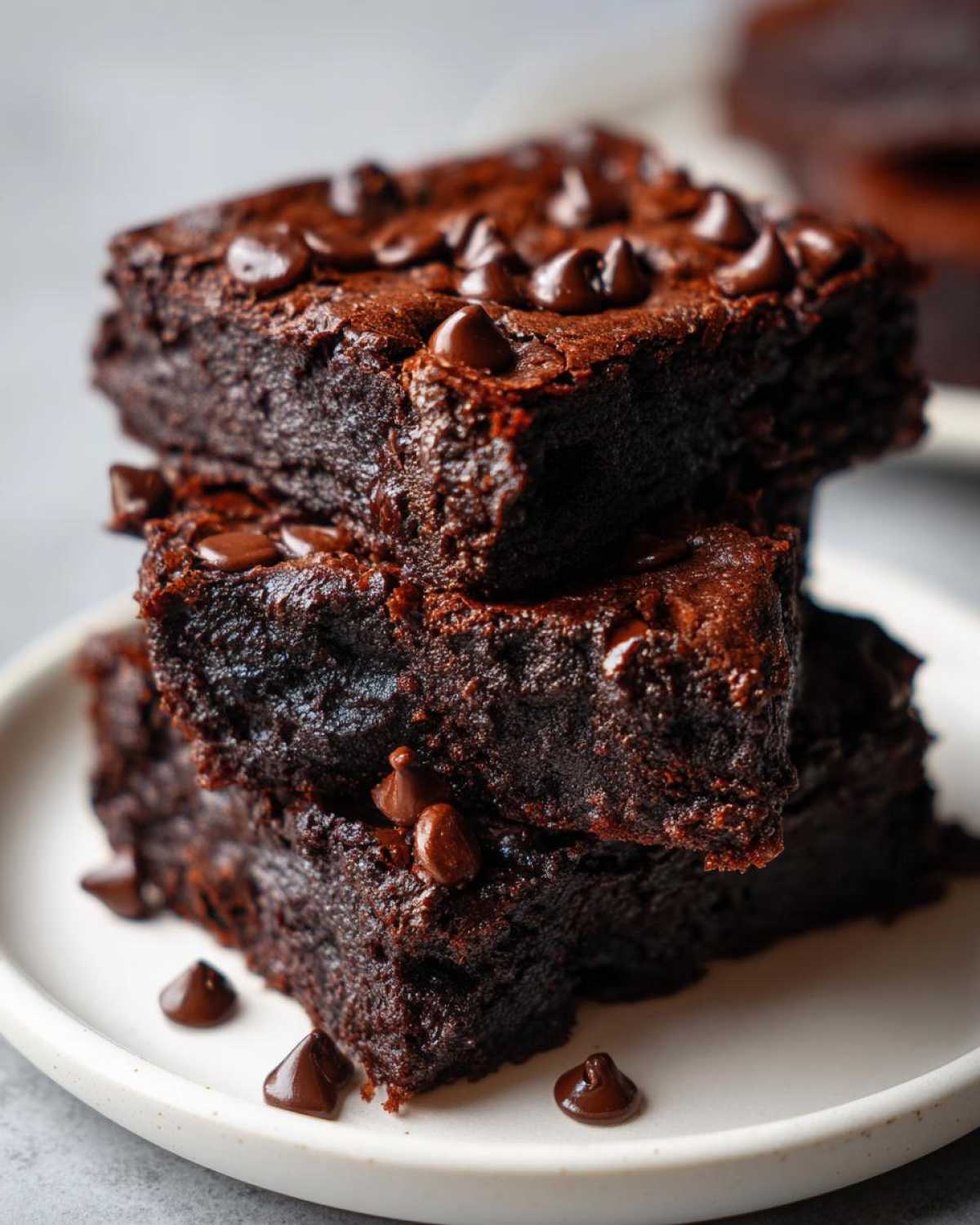 A stack of three fudgy black bean brownies topped with melted chocolate chips on a light plate.