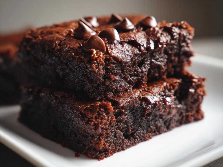 Close-up of two fudgy black bean brownies stacked, topped with melted chocolate chips.