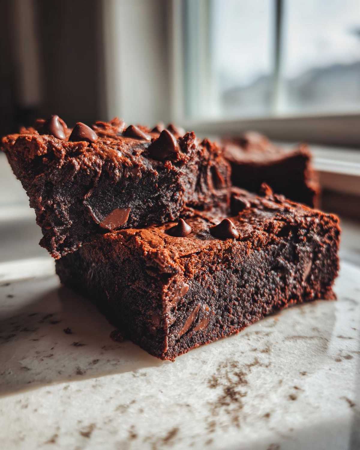 Two fudgy sweet potato brownies stacked on a counter, topped with melted chocolate chips.