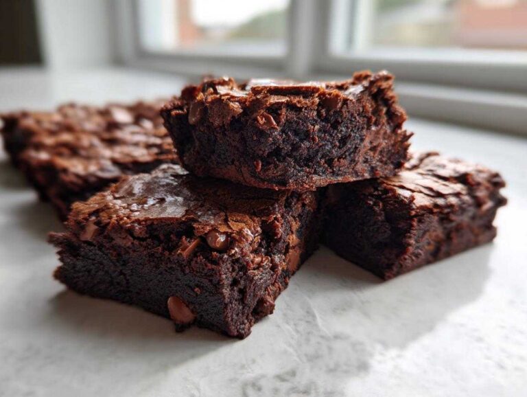 Close-up of three fudgy sweet potato brownies stacked, showing a rich, dark interior and chocolate chips.