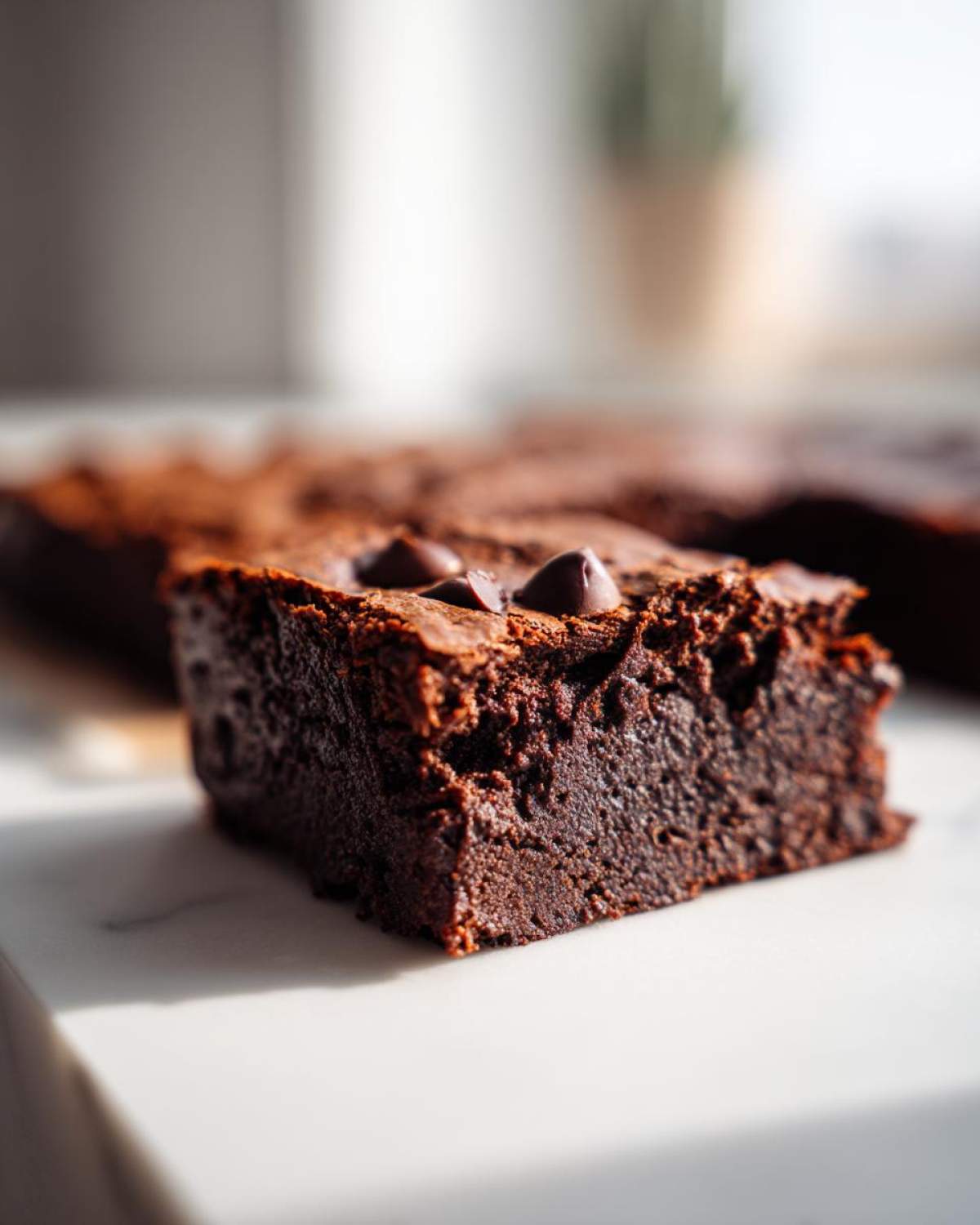 Close-up of a fudgy square of sweet potato brownies topped with chocolate chips.