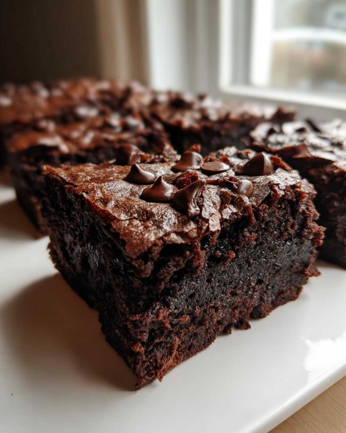 Close-up of a fudgy, dark chocolate sweet potato brownies slice topped with melted chocolate chips.
