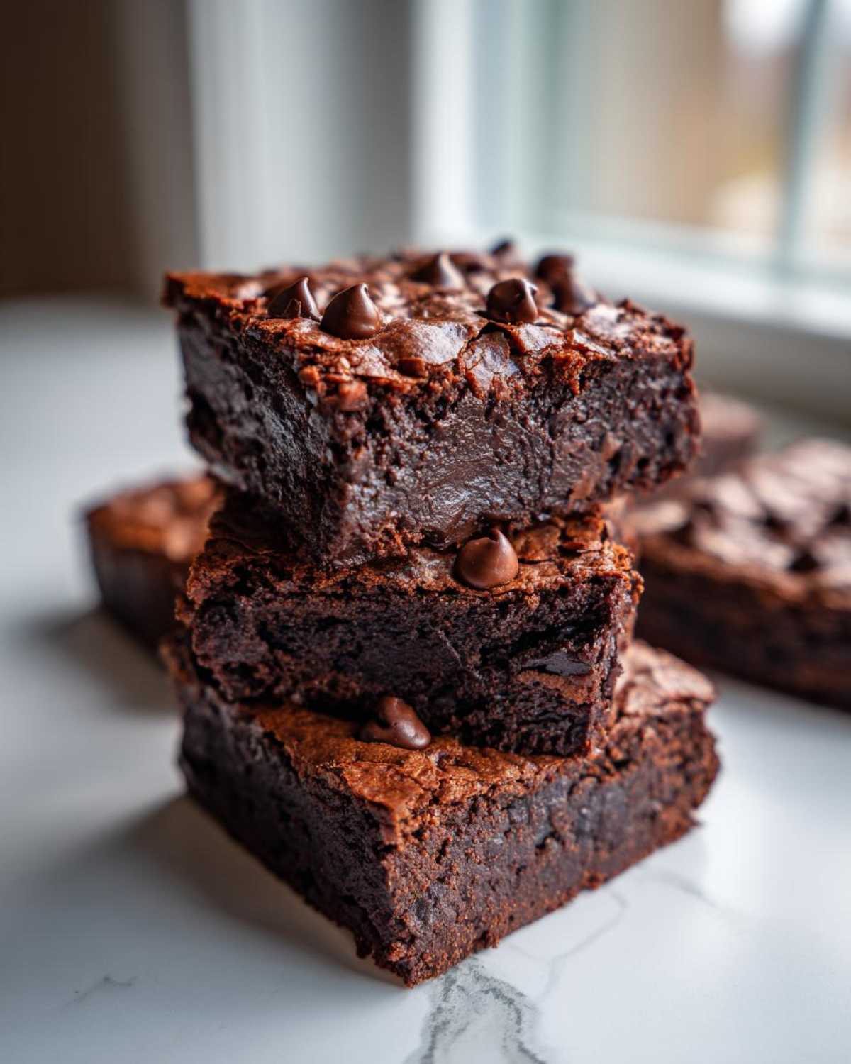 A stack of three fudgy sweet potato brownies topped with chocolate chips on a white marble surface.
