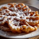 Close-up of a golden brown, freshly fried funnel cake recipe generously dusted with powdered sugar on a white plate.