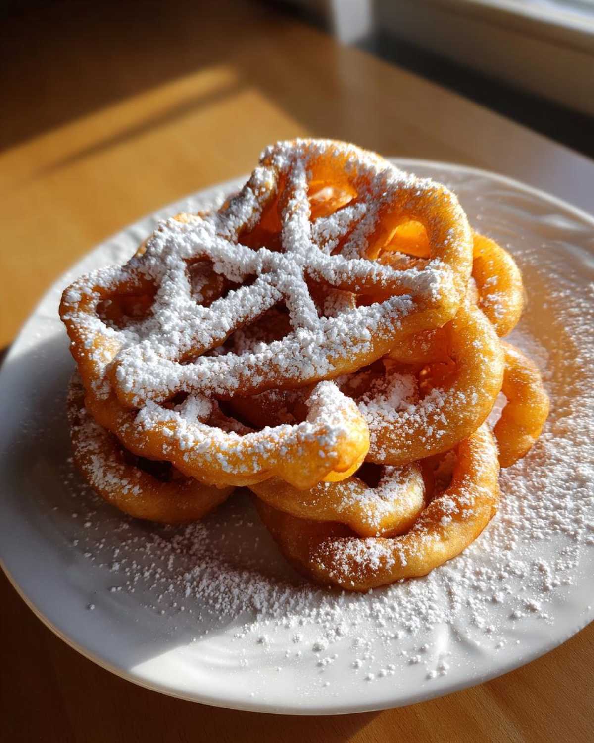 A stack of freshly fried funnel cake recipe treats dusted generously with white powdered sugar on a white plate.