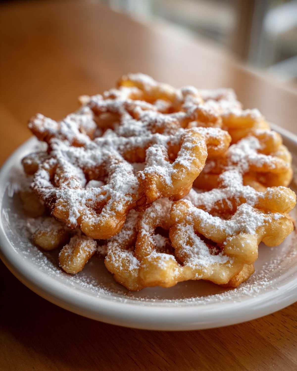 Close-up of a golden brown funnel cake recipe piled high and dusted generously with powdered sugar on a white plate.