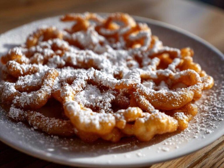 Close-up of a golden brown, freshly fried funnel cake recipe generously dusted with powdered sugar on a white plate.