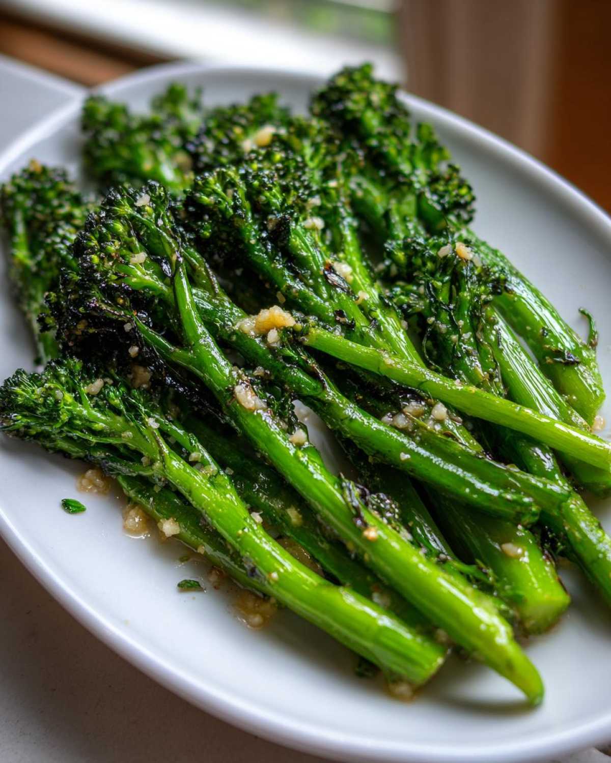 Close-up of bright green, tender broccolini tossed with garlic and lemon sauce, served on a white dish.