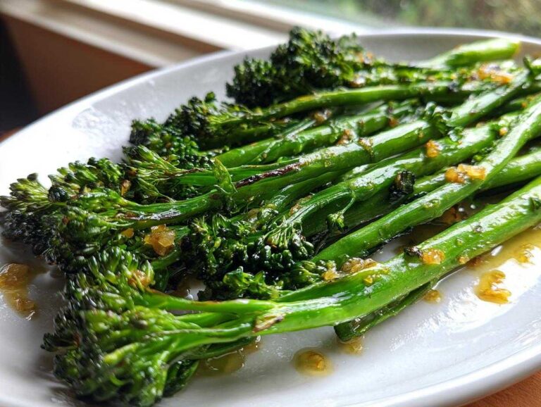 Close-up of bright green, sautéed broccolini tossed in garlic and lemon sauce on a white plate.