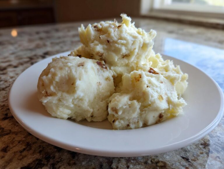 Three scoops of fluffy garlic mashed potatoes, flecked with browned bits, served on a white plate.
