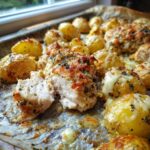 A close-up of juicy garlic parmesan chicken and potatoes baked on a sheet pan, showing melted cheese and herbs.