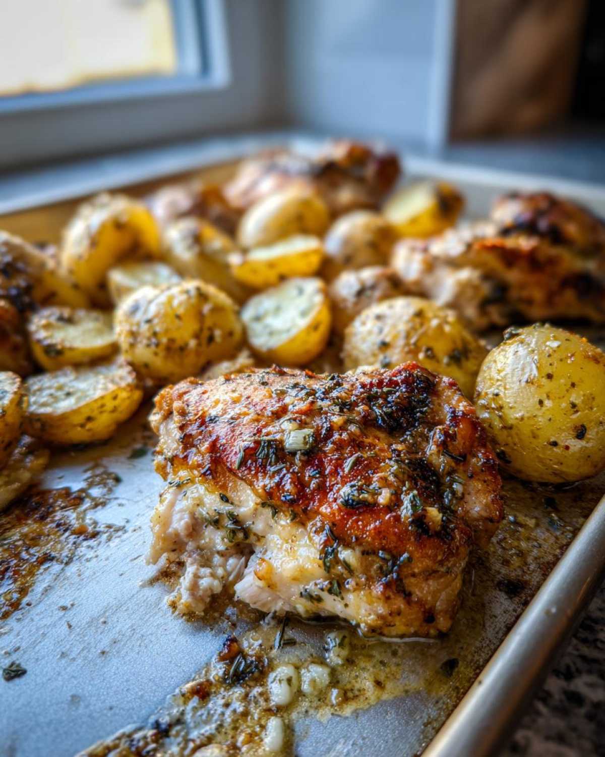 A close-up of juicy garlic parmesan chicken and potatoes roasted together on a sheet pan.