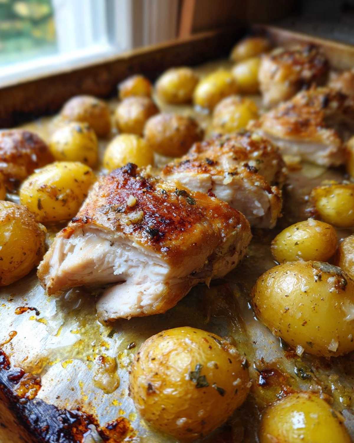Close-up of juicy, roasted garlic parmesan chicken and potatoes fresh from the oven on a baking sheet.