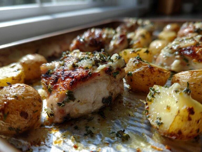 Close-up of golden brown garlic parmesan chicken and potatoes fresh from the oven on a baking sheet.