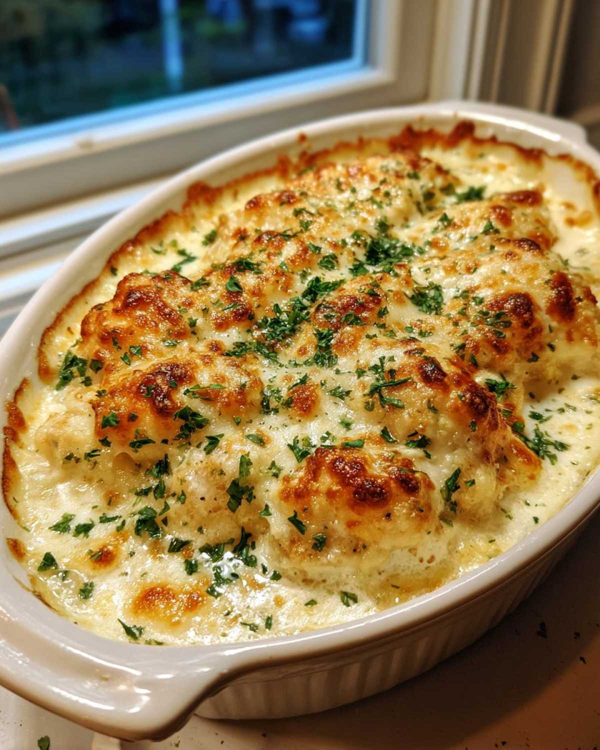 Close-up of a creamy, cheesy Garlic Parmesan chicken bake topped with browned cheese and fresh parsley in a white casserole dish.