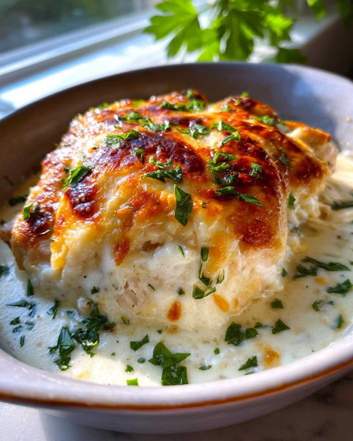 Close-up of a juicy Garlic Parmesan Chicken Bake topped with melted, browned cheese and fresh parsley.