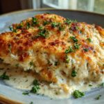 Close-up of a juicy Garlic Parmesan Chicken Bake topped with melted, browned cheese and fresh parsley.