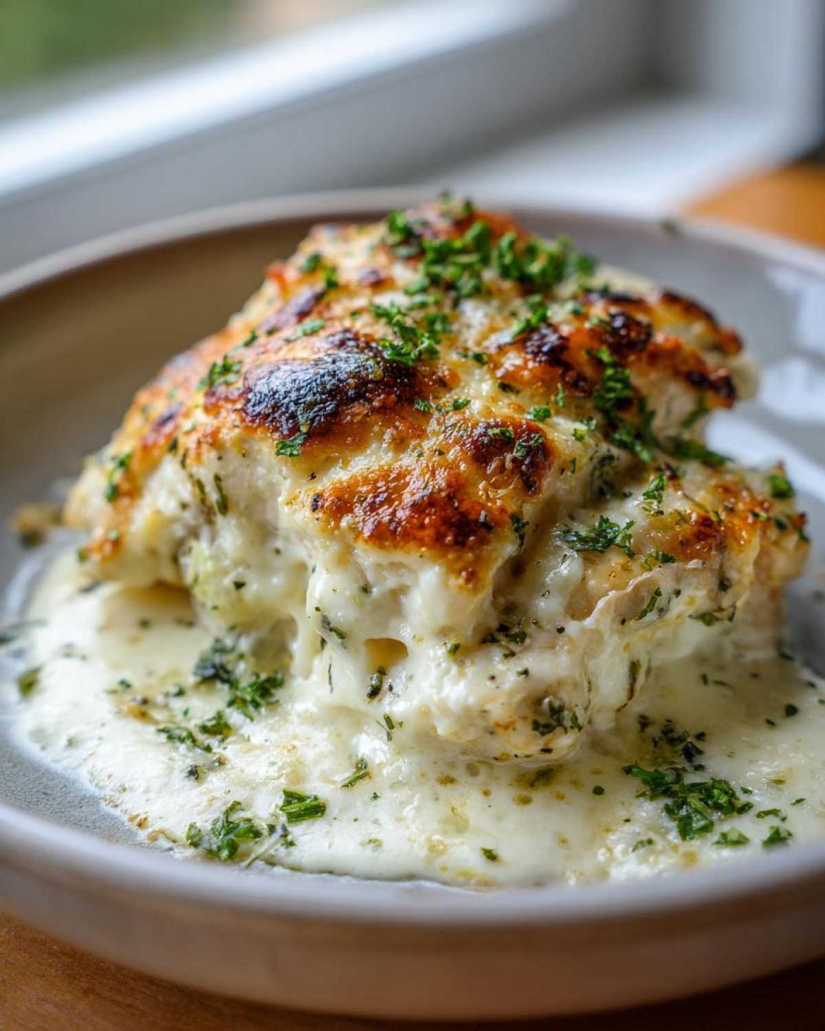 Close-up of a serving of Garlic Parmesan Chicken Bake covered in melted, browned cheese and fresh parsley.
