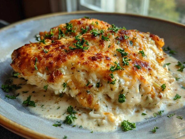 Close-up of a juicy Garlic Parmesan Chicken Bake topped with melted, browned cheese and fresh parsley.