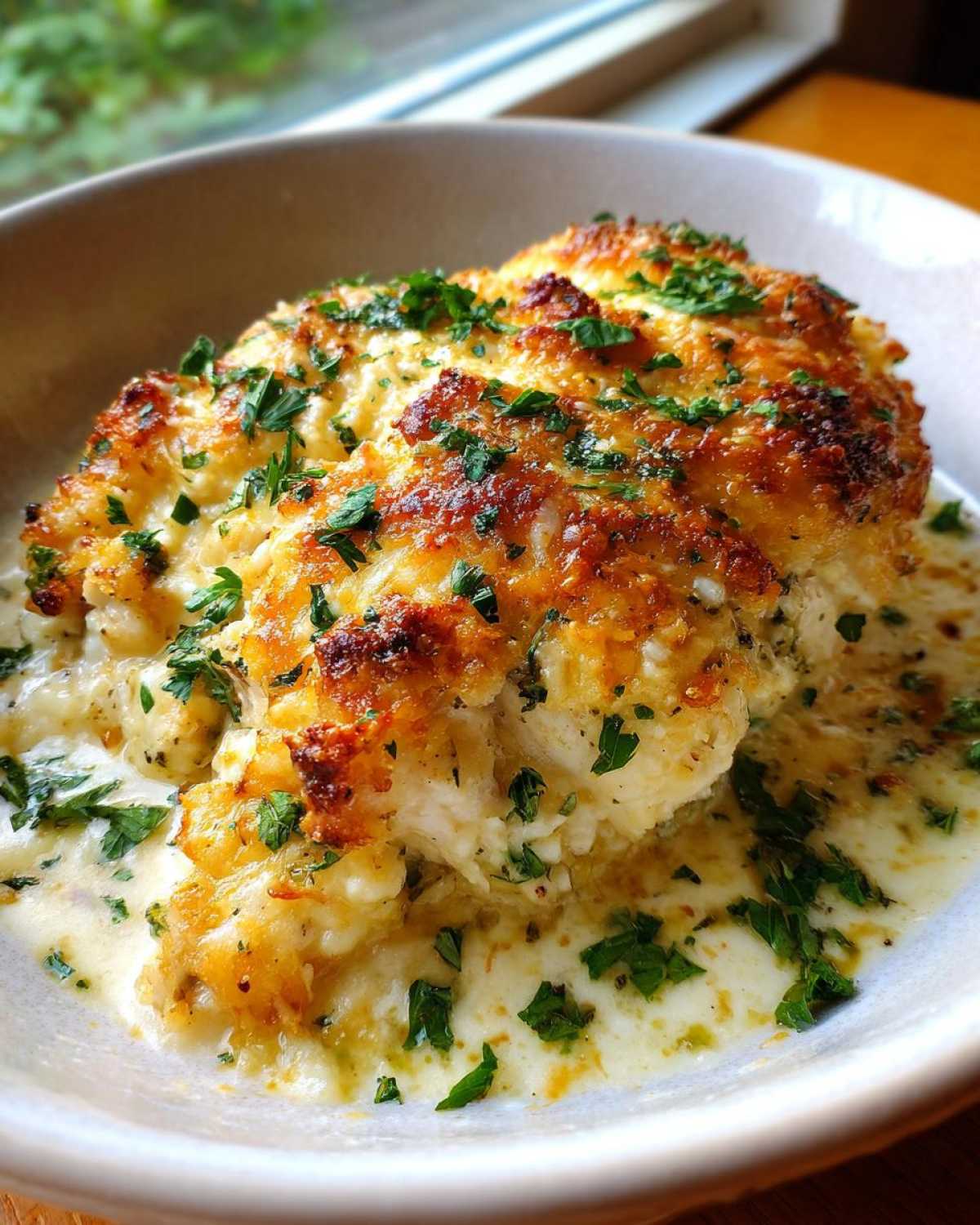 Close-up of a portion of Garlic Parmesan Chicken Bake with a golden, cheesy crust submerged in creamy sauce and topped with fresh parsley.