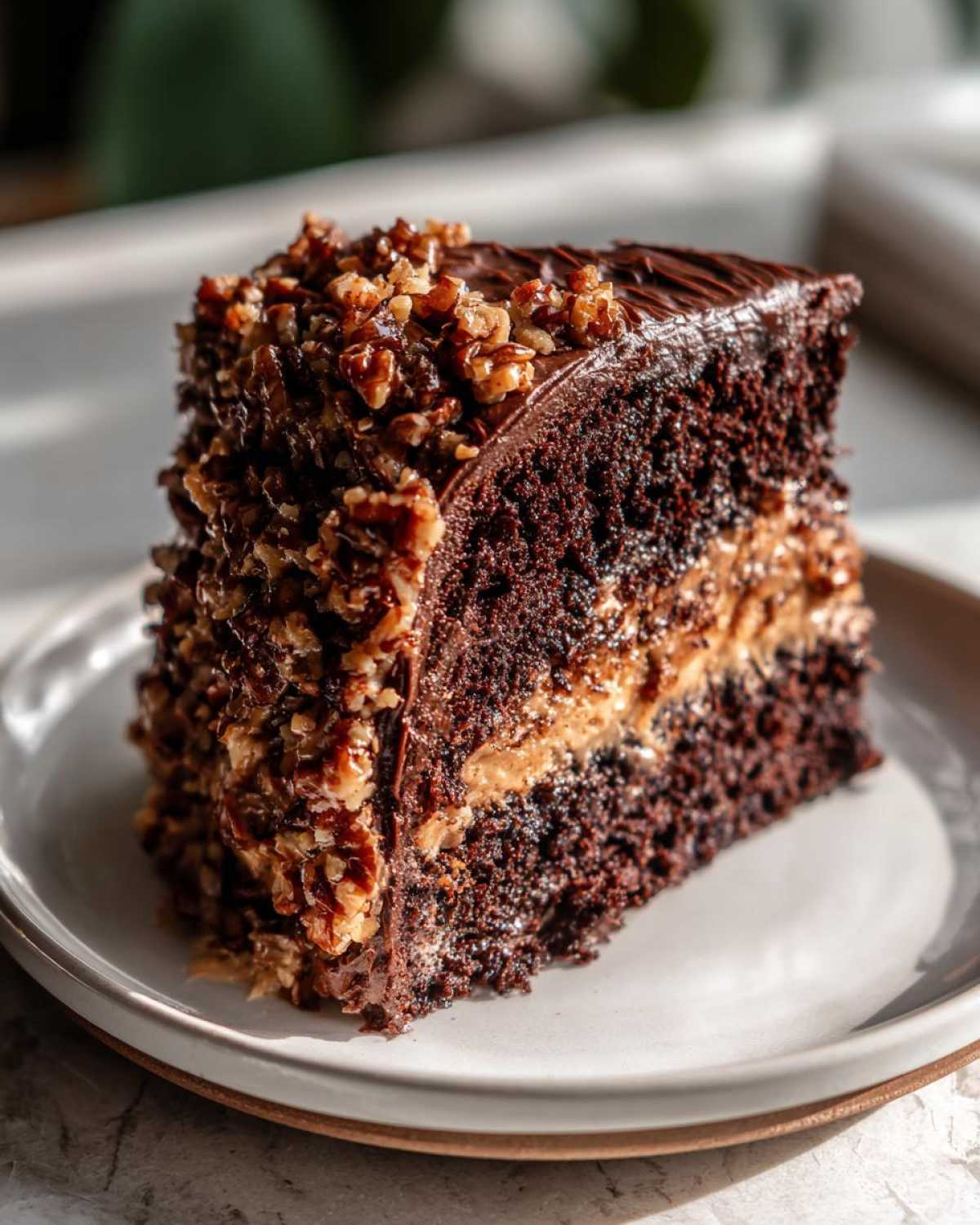 A rich slice of german chocolate cake recipe showing dark chocolate layers and coconut-pecan frosting.