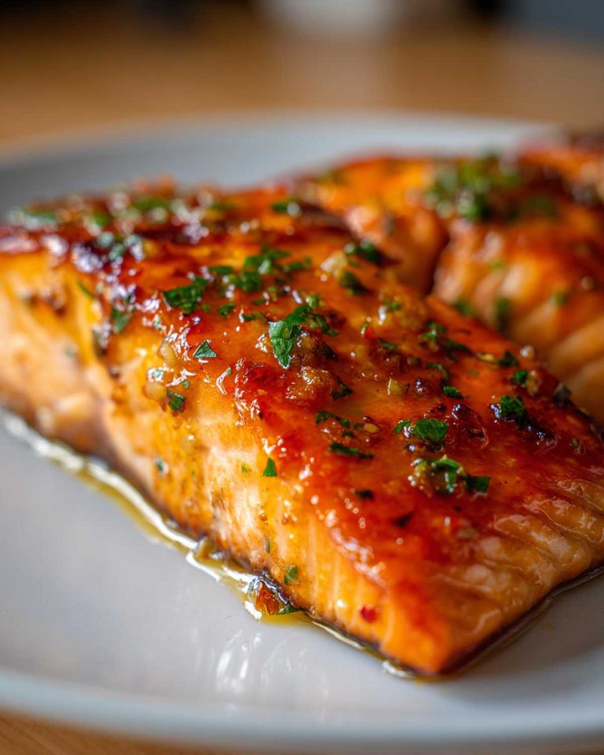 Close-up of a perfectly cooked air fryer salmon fillet with a shiny, orange glaze and fresh parsley.
