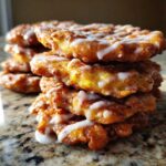 A tall stack of golden brown, glazed apple fritter pieces resting on a granite countertop.