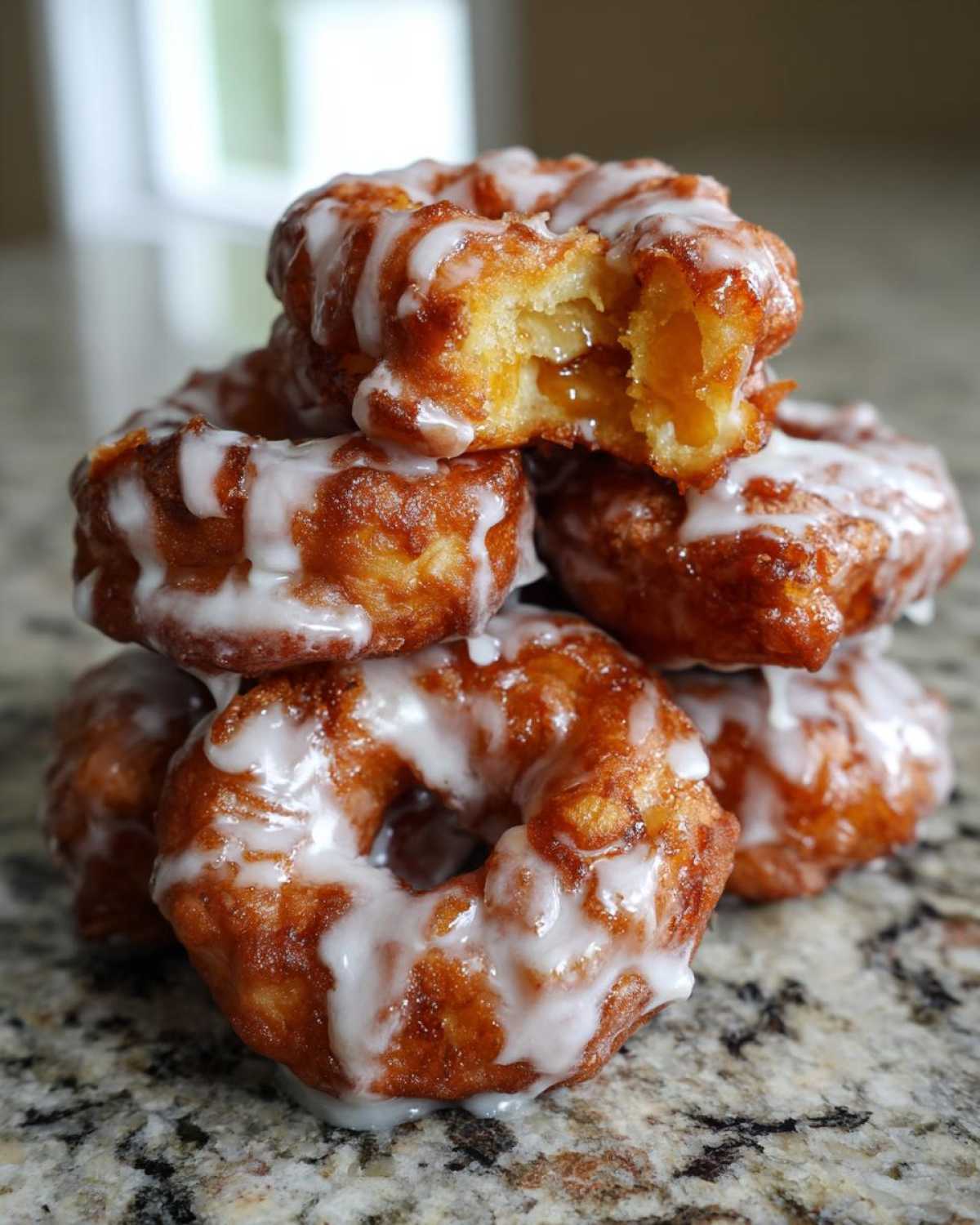 A stack of golden brown, glazed apple fritter donuts, with one on top showing a bite revealing the soft, apple-filled interior.